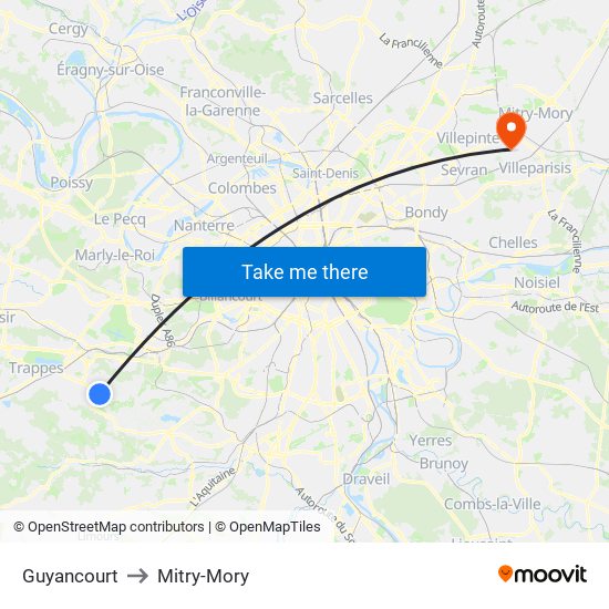 Guyancourt to Mitry-Mory map