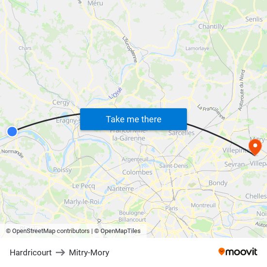 Hardricourt to Mitry-Mory map