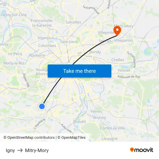 Igny to Mitry-Mory map