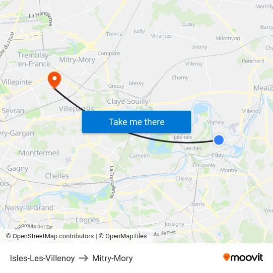 Isles-Les-Villenoy to Mitry-Mory map