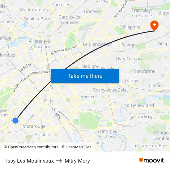Issy-Les-Moulineaux to Mitry-Mory map