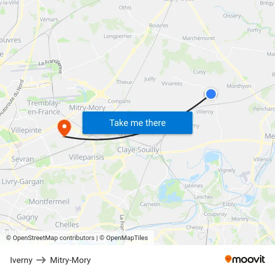Iverny to Mitry-Mory map