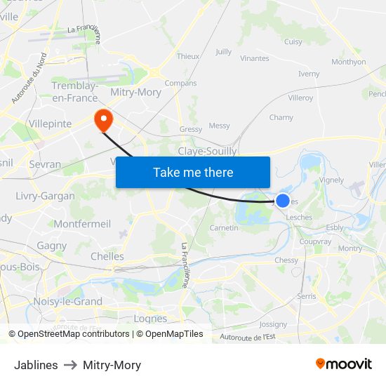 Jablines to Mitry-Mory map