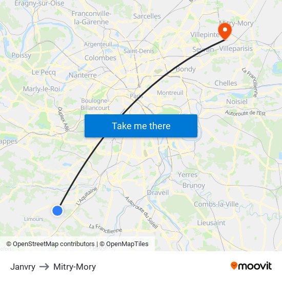 Janvry to Mitry-Mory map