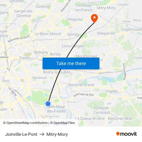 Joinville-Le-Pont to Mitry-Mory map