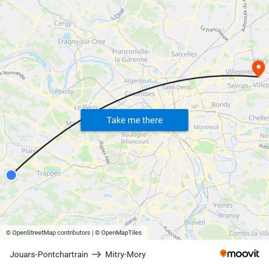 Jouars-Pontchartrain to Mitry-Mory map