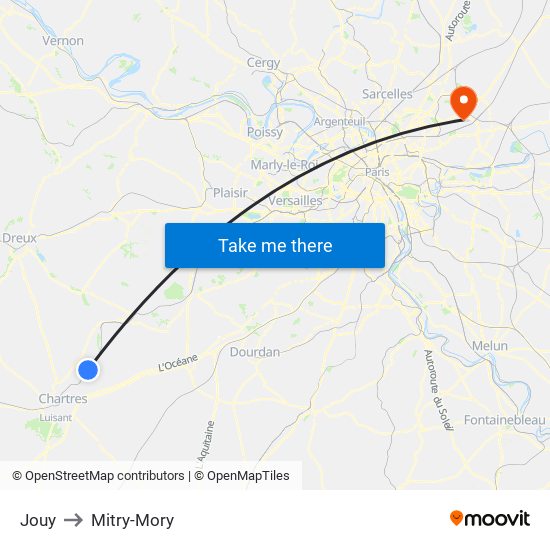 Jouy to Mitry-Mory map