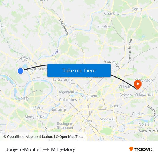 Jouy-Le-Moutier to Mitry-Mory map