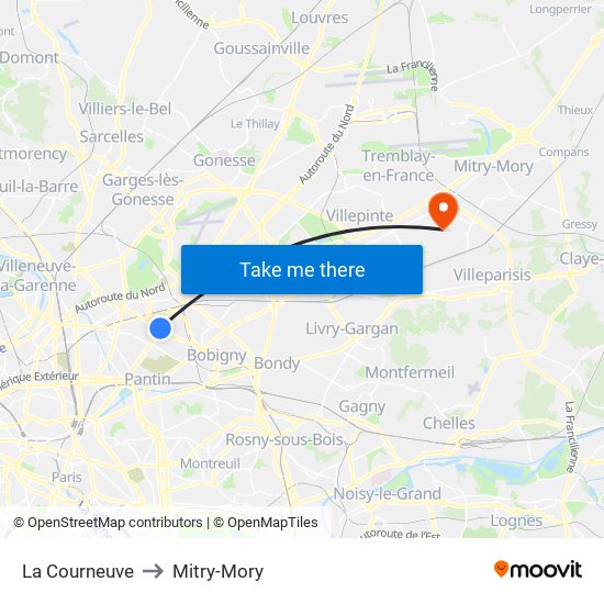 La Courneuve to Mitry-Mory map