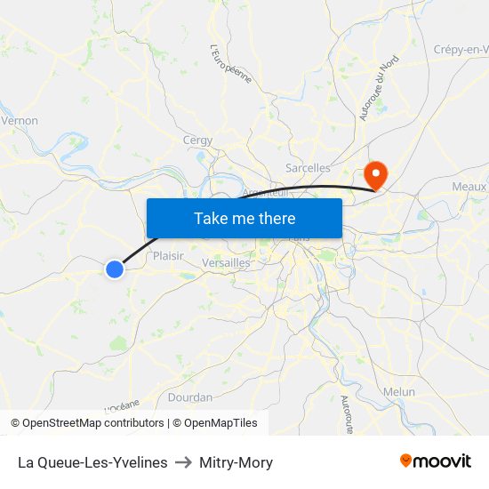 La Queue-Les-Yvelines to Mitry-Mory map