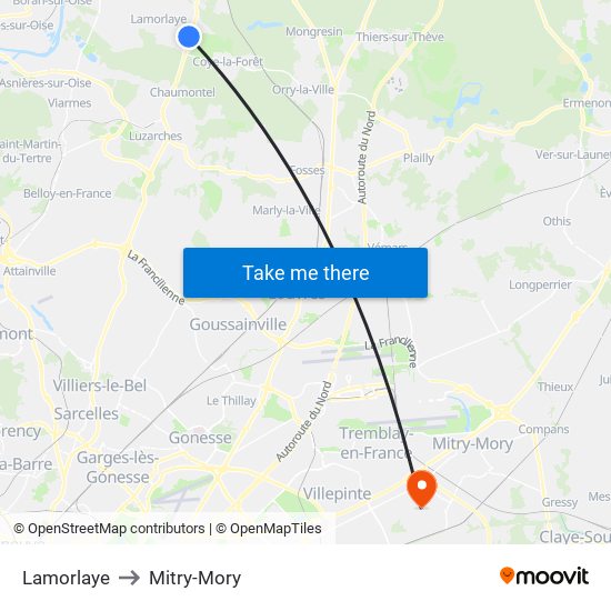 Lamorlaye to Mitry-Mory map