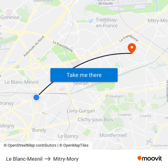 Le Blanc-Mesnil to Mitry-Mory map