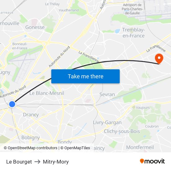 Le Bourget to Mitry-Mory map
