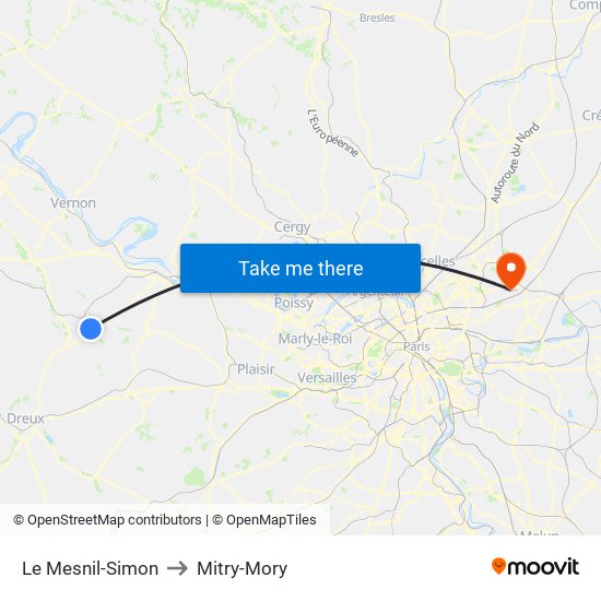 Le Mesnil-Simon to Mitry-Mory map