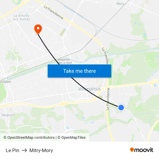 Le Pin to Mitry-Mory map