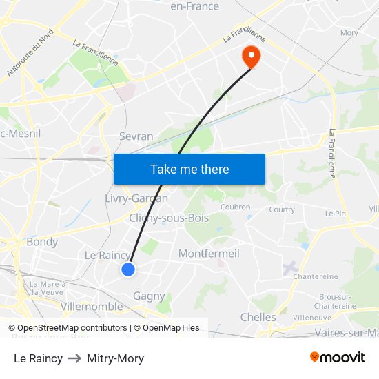 Le Raincy to Mitry-Mory map