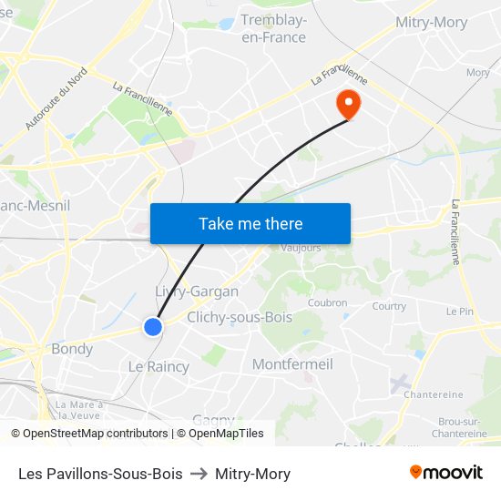 Les Pavillons-Sous-Bois to Mitry-Mory map