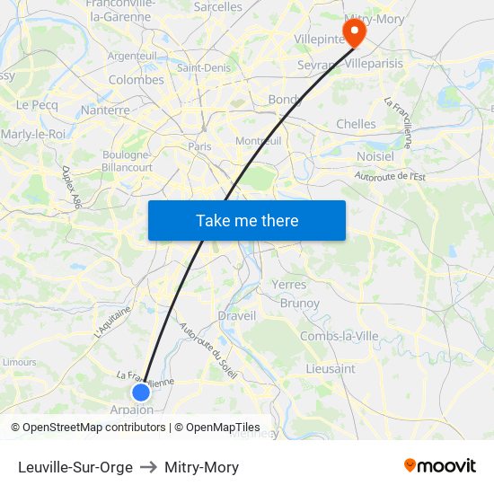 Leuville-Sur-Orge to Mitry-Mory map