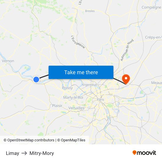 Limay to Mitry-Mory map