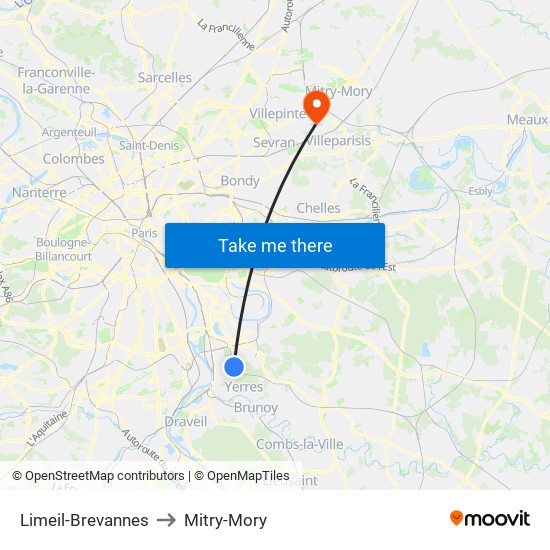 Limeil-Brevannes to Mitry-Mory map