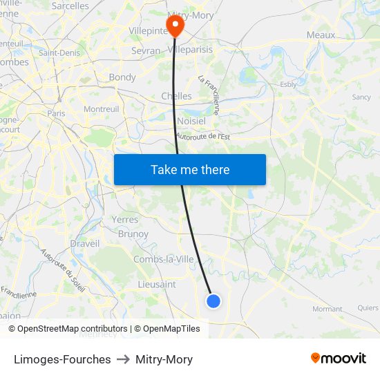 Limoges-Fourches to Mitry-Mory map