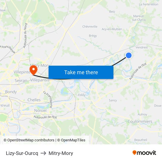 Lizy-Sur-Ourcq to Mitry-Mory map