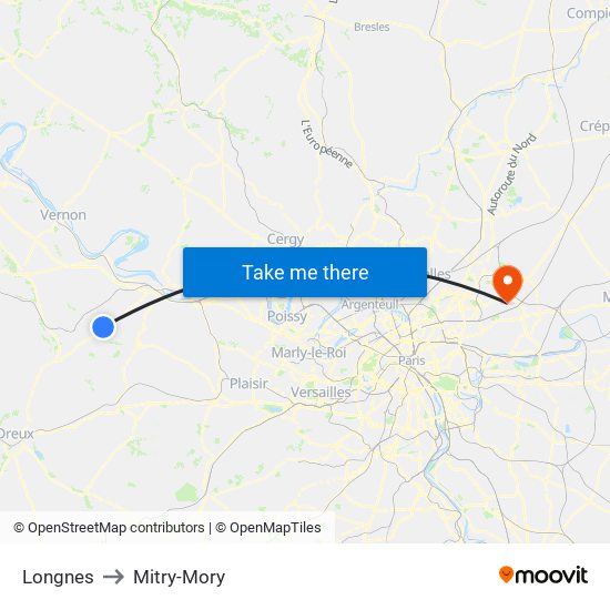Longnes to Mitry-Mory map