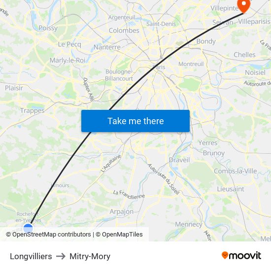 Longvilliers to Mitry-Mory map