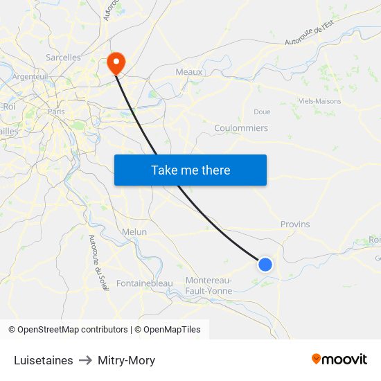 Luisetaines to Mitry-Mory map