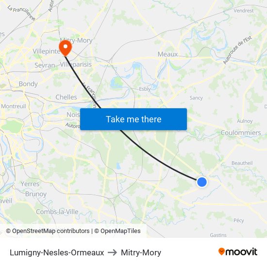 Lumigny-Nesles-Ormeaux to Mitry-Mory map