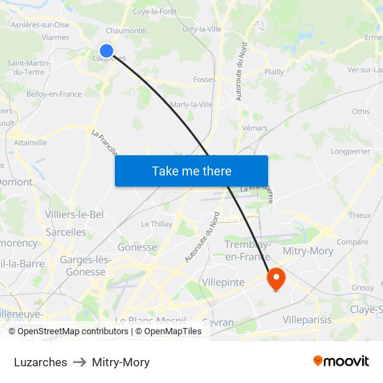 Luzarches to Mitry-Mory map