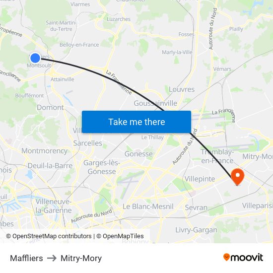 Maffliers to Mitry-Mory map