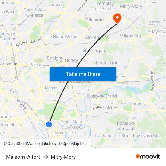 Maisons-Alfort to Mitry-Mory map