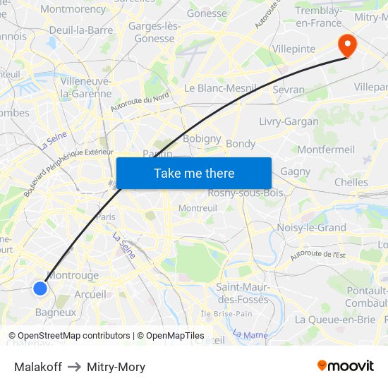 Malakoff to Mitry-Mory map