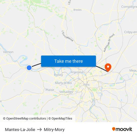 Mantes-La-Jolie to Mitry-Mory map