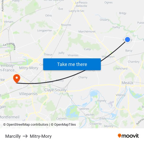 Marcilly to Mitry-Mory map