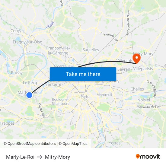 Marly-Le-Roi to Mitry-Mory map