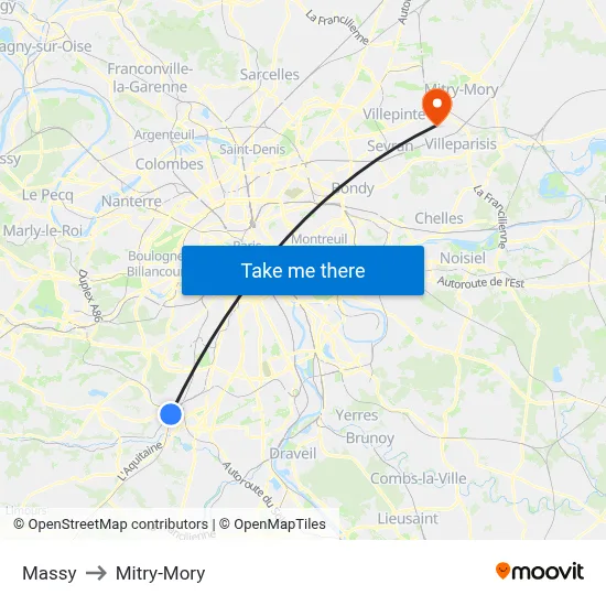 Massy to Mitry-Mory map