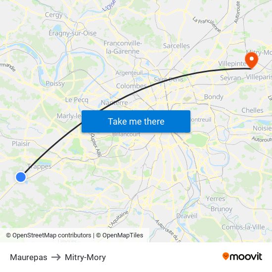 Maurepas to Mitry-Mory map