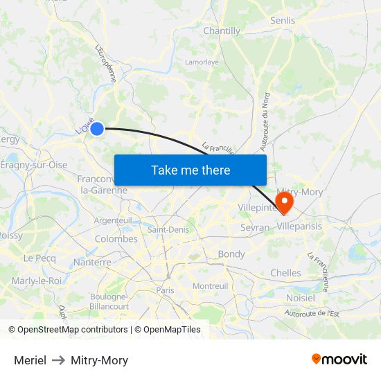 Meriel to Mitry-Mory map