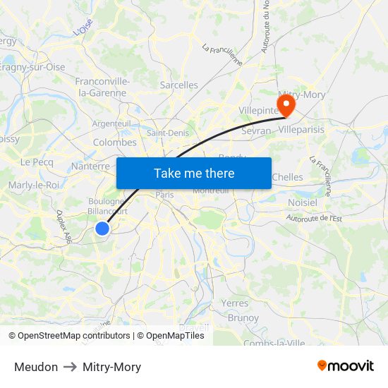 Meudon to Mitry-Mory map