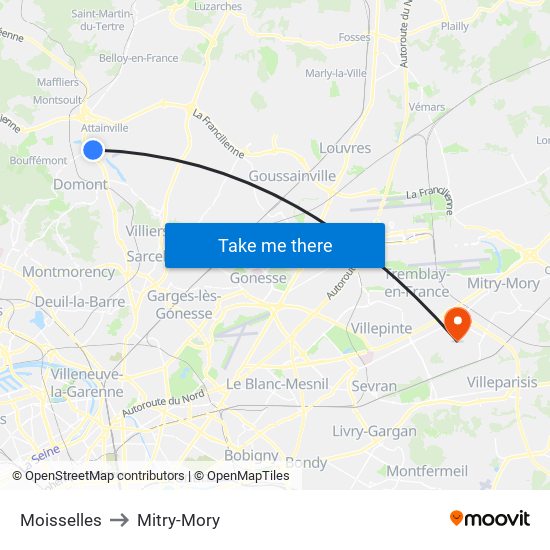 Moisselles to Mitry-Mory map