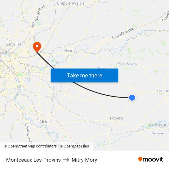 Montceaux-Les-Provins to Mitry-Mory map