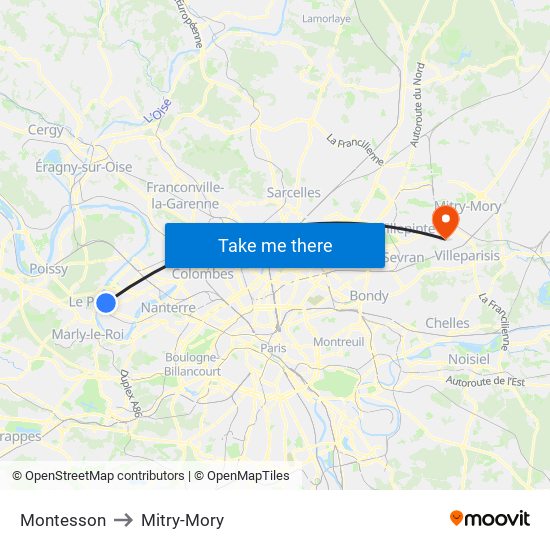 Montesson to Mitry-Mory map