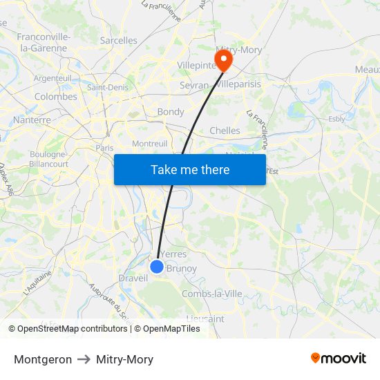 Montgeron to Mitry-Mory map
