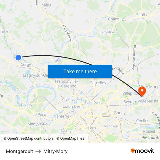 Montgeroult to Mitry-Mory map