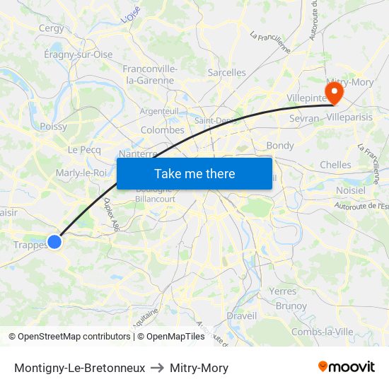 Montigny-Le-Bretonneux to Mitry-Mory map