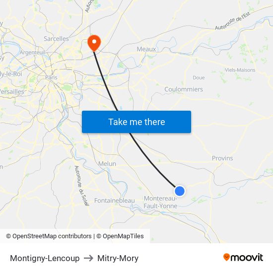 Montigny-Lencoup to Mitry-Mory map