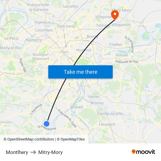 Montlhery to Mitry-Mory map