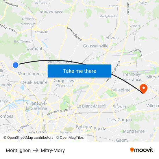 Montlignon to Mitry-Mory map